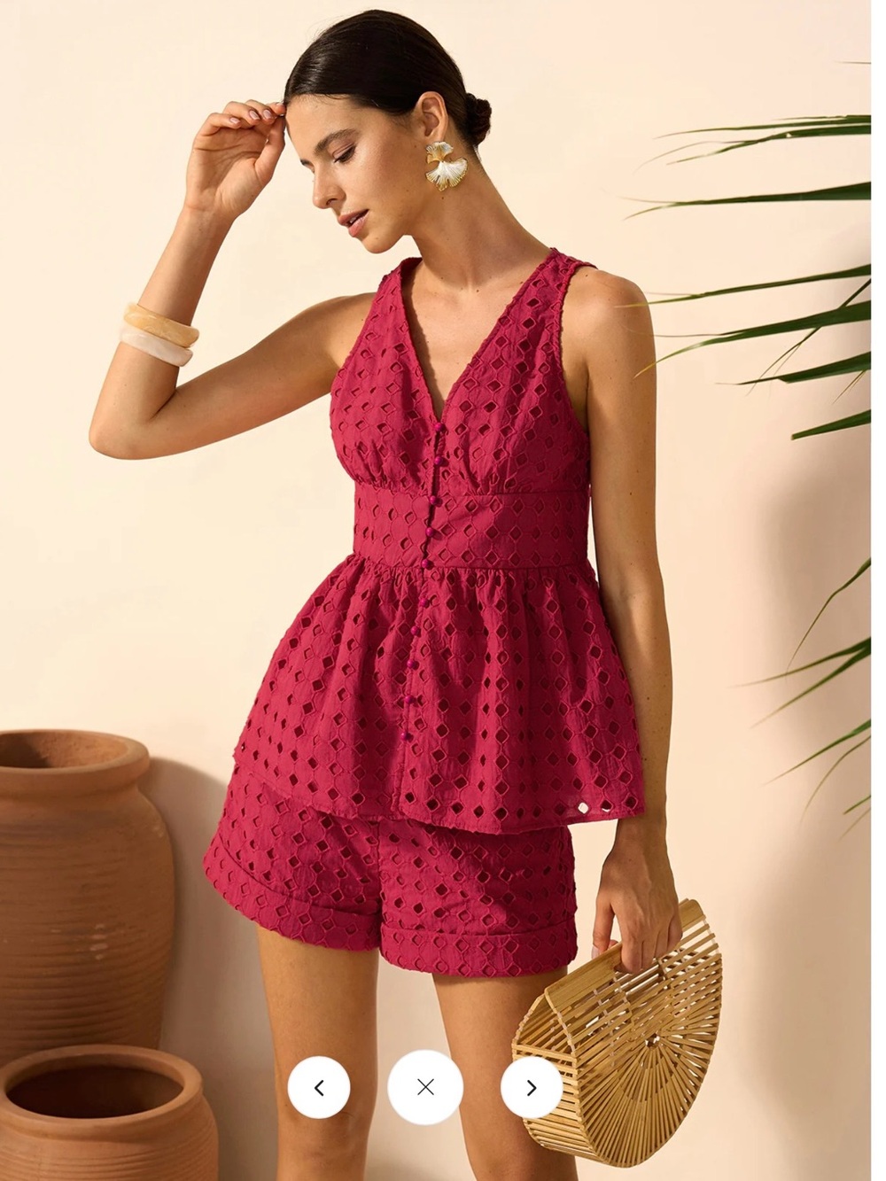 Commense - Eyelet Peplum Top with Shorts Set  Red  - Medium